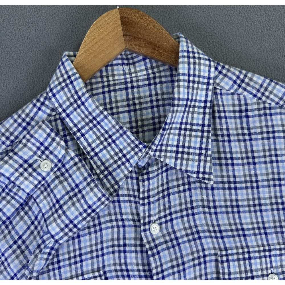J Hilburn Shirt 2XL‎ Blue White Plaid Linen Bespoke Quiet Luxury Tessitura Italy